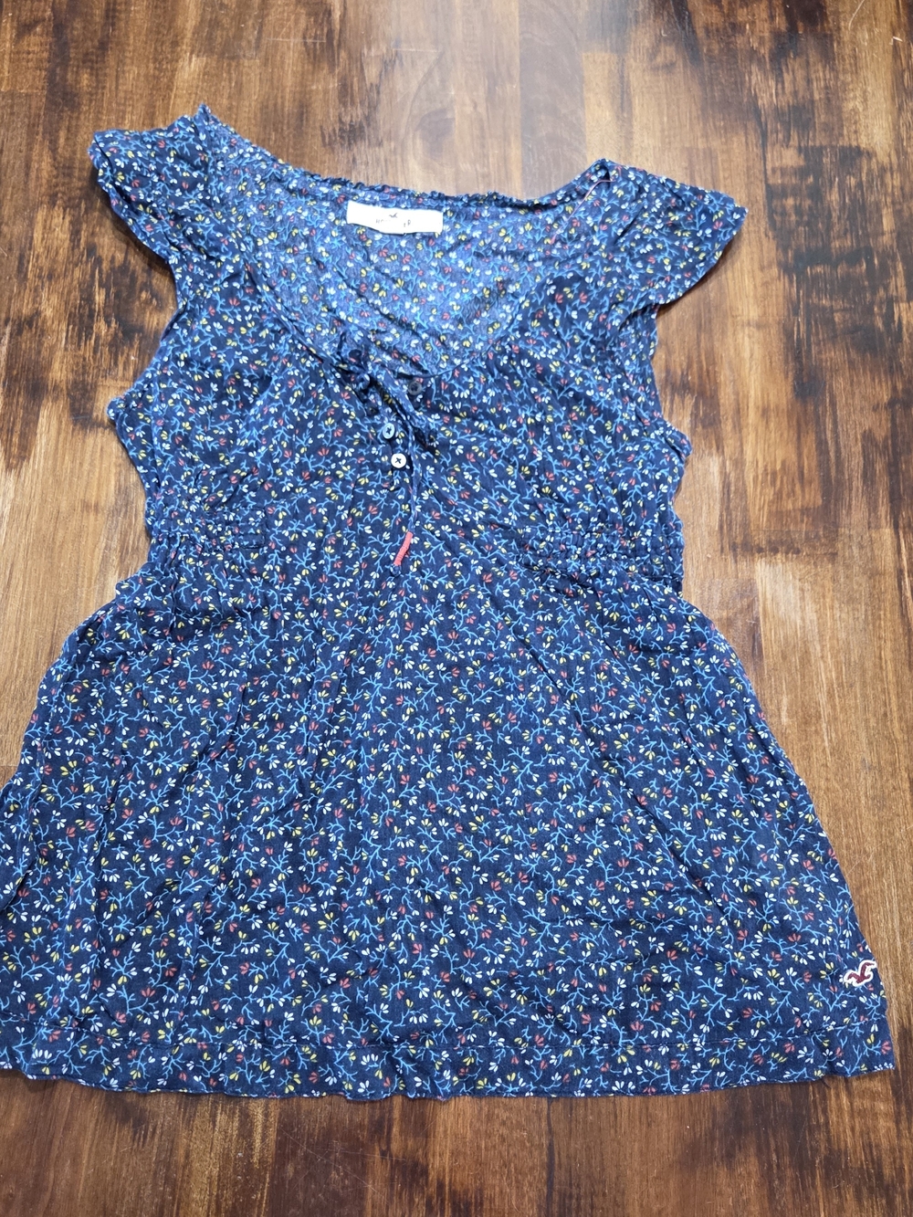 Hollister Navy Floral Babydoll Top 100% Cotton S Preppy Beach Coastal Cottegcore